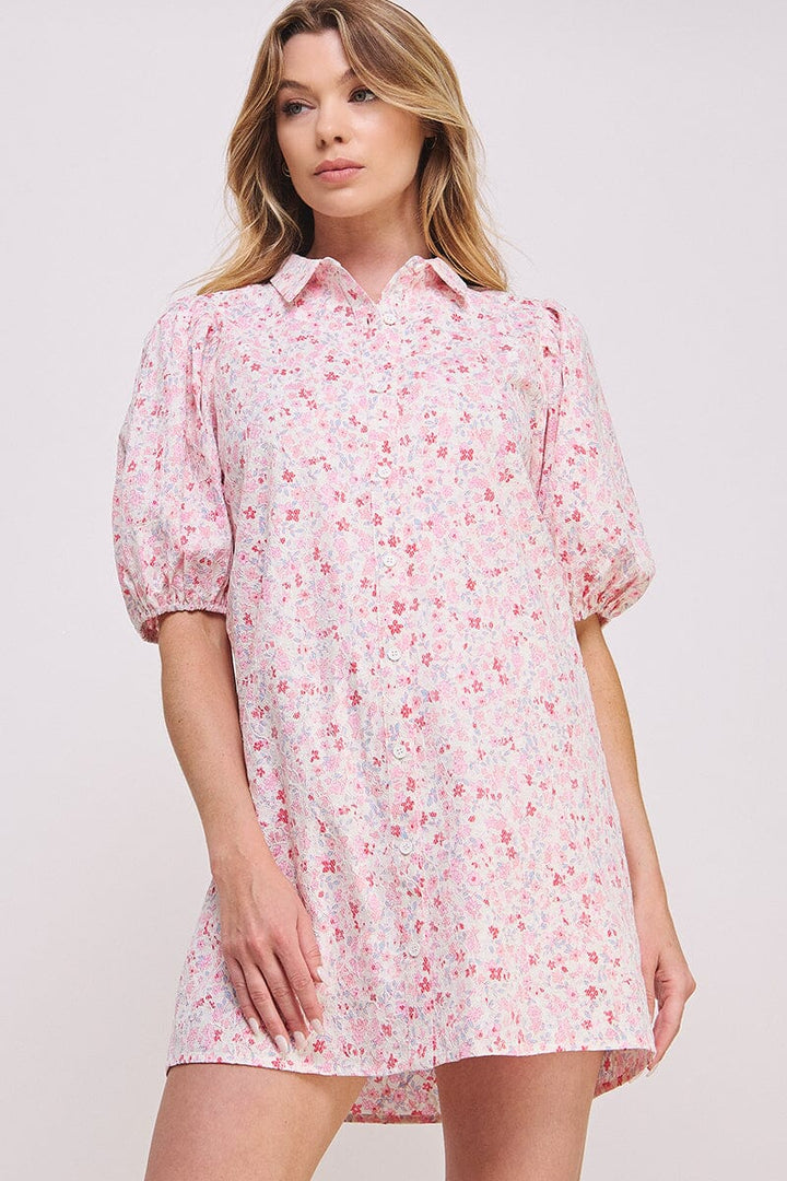 WOMEN'S SHORT SLEEVE BUTTON UP FLORAL TUNIC MINI DRESS