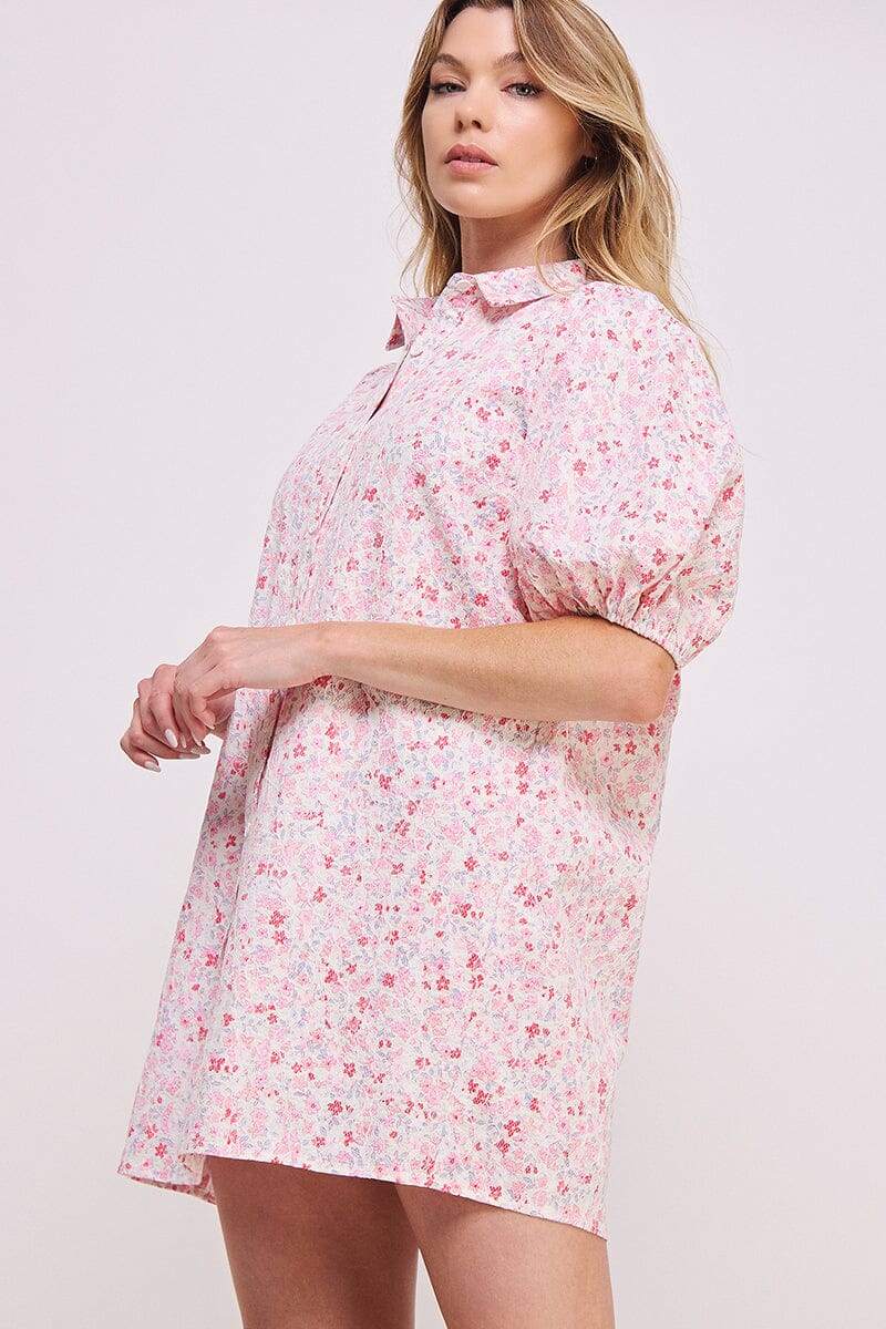 WOMEN'S SHORT SLEEVE BUTTON UP FLORAL TUNIC MINI DRESS
