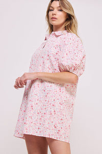 WOMEN'S SHORT SLEEVE BUTTON UP FLORAL TUNIC MINI DRESS