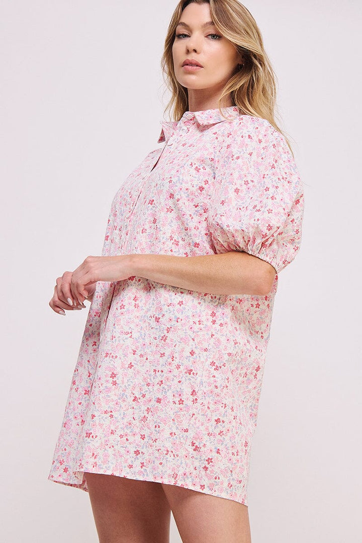 WOMEN'S SHORT SLEEVE BUTTON UP FLORAL TUNIC MINI DRESS