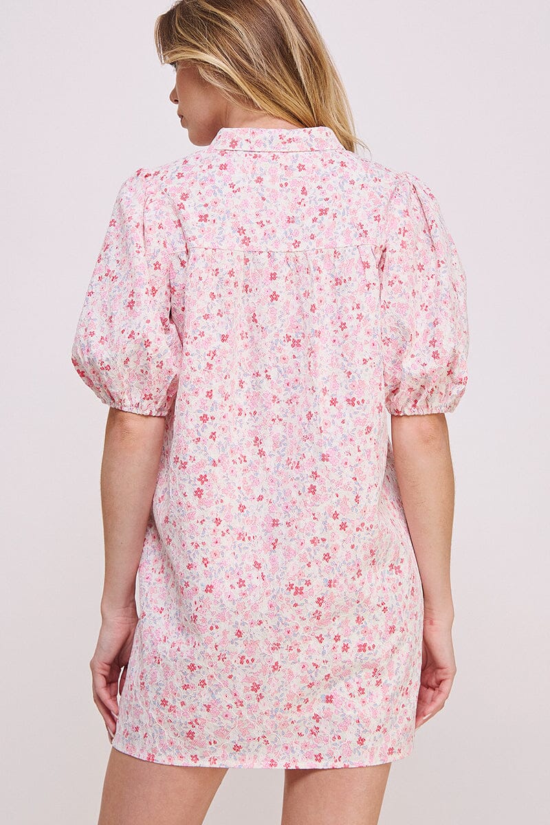 WOMEN'S SHORT SLEEVE BUTTON UP FLORAL TUNIC MINI DRESS