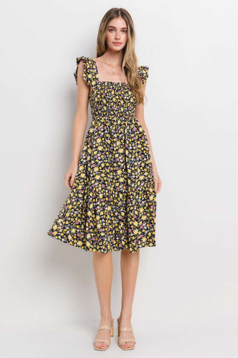 WOMEN'S SLEEVELESS SQUARE NECK SMOCK OPEN BACK FLORAL MIDI DRESS
