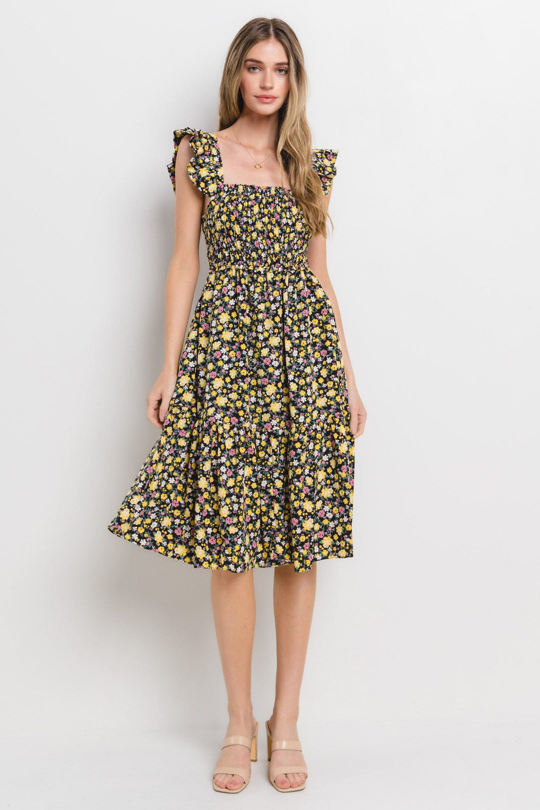 WOMEN'S SLEEVELESS SQUARE NECK SMOCK OPEN BACK FLORAL MIDI DRESS