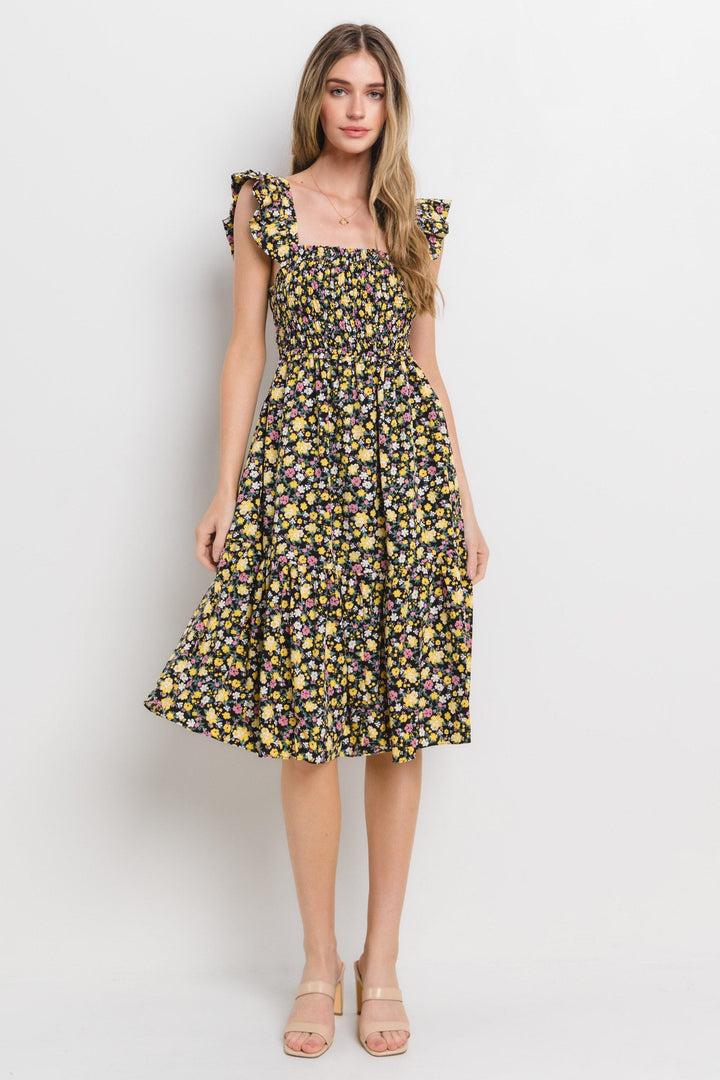 WOMEN'S SLEEVELESS SQUARE NECK SMOCK OPEN BACK FLORAL MIDI DRESS