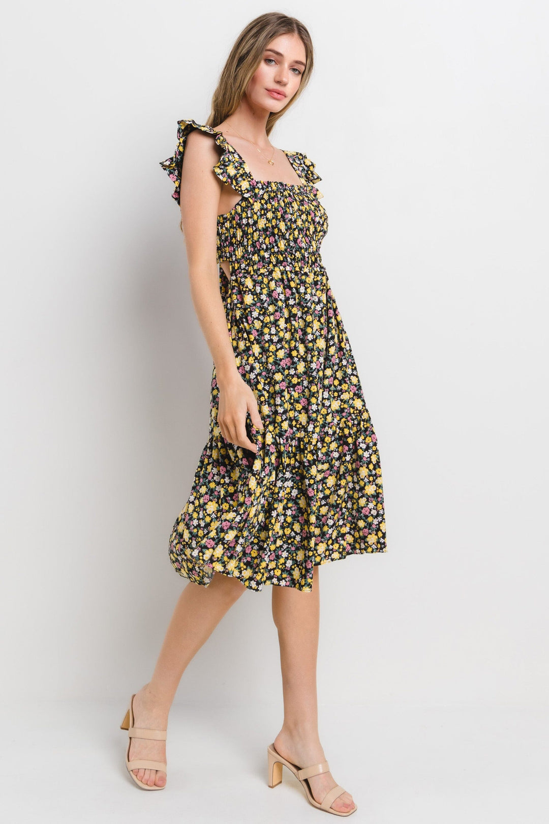 WOMEN'S SLEEVELESS SQUARE NECK SMOCK OPEN BACK FLORAL MIDI DRESS