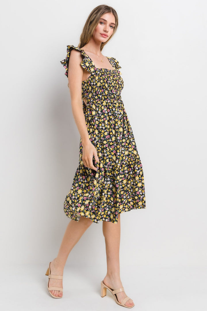 WOMEN'S SLEEVELESS SQUARE NECK SMOCK OPEN BACK FLORAL MIDI DRESS