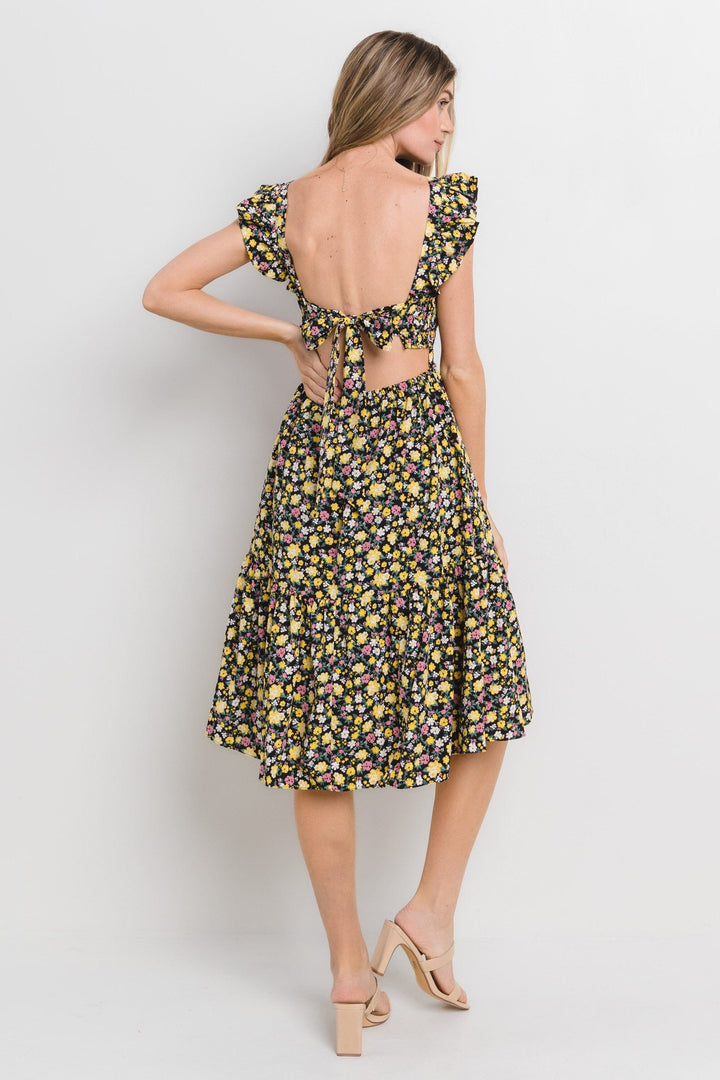 WOMEN'S SLEEVELESS SQUARE NECK SMOCK OPEN BACK FLORAL MIDI DRESS