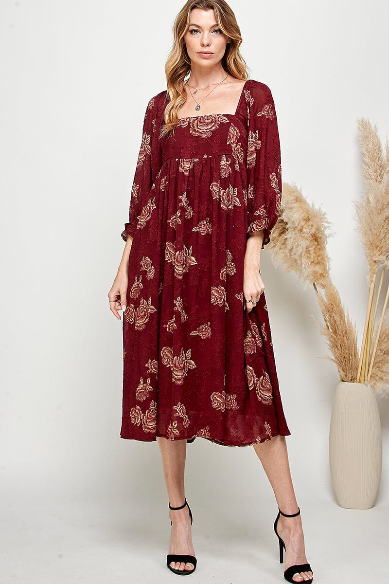 WOMEN'S 3/4 SLEEVES SQUARE NECK FLORAL MIDI DRESS