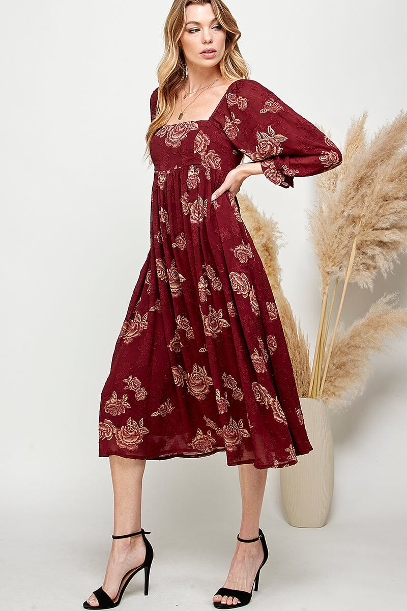 WOMEN'S 3/4 SLEEVES SQUARE NECK FLORAL MIDI DRESS