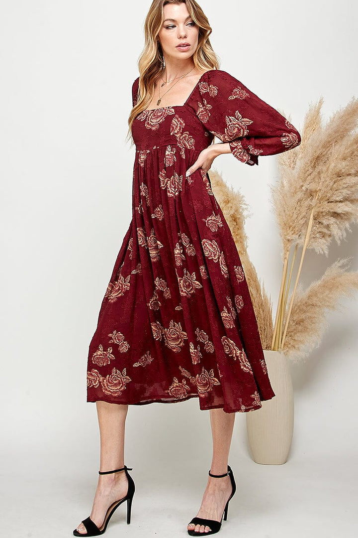 WOMEN'S 3/4 SLEEVES SQUARE NECK FLORAL MIDI DRESS