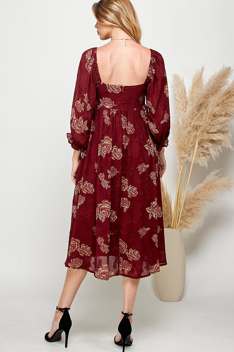 WOMEN'S 3/4 SLEEVES SQUARE NECK FLORAL MIDI DRESS
