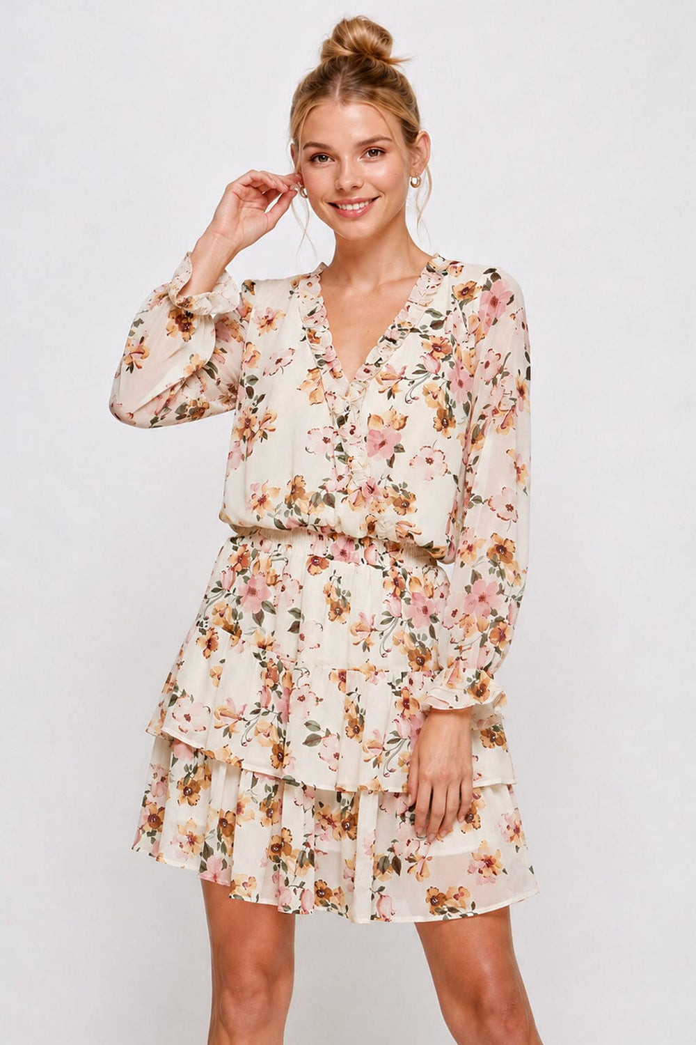 WOMEN'S LONG SLEEVE SURPLICE SMOCK WAIST TIERED FLORAL MINI DRESS