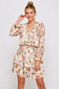 WOMEN'S LONG SLEEVE SURPLICE SMOCK WAIST TIERED FLORAL MINI DRESS