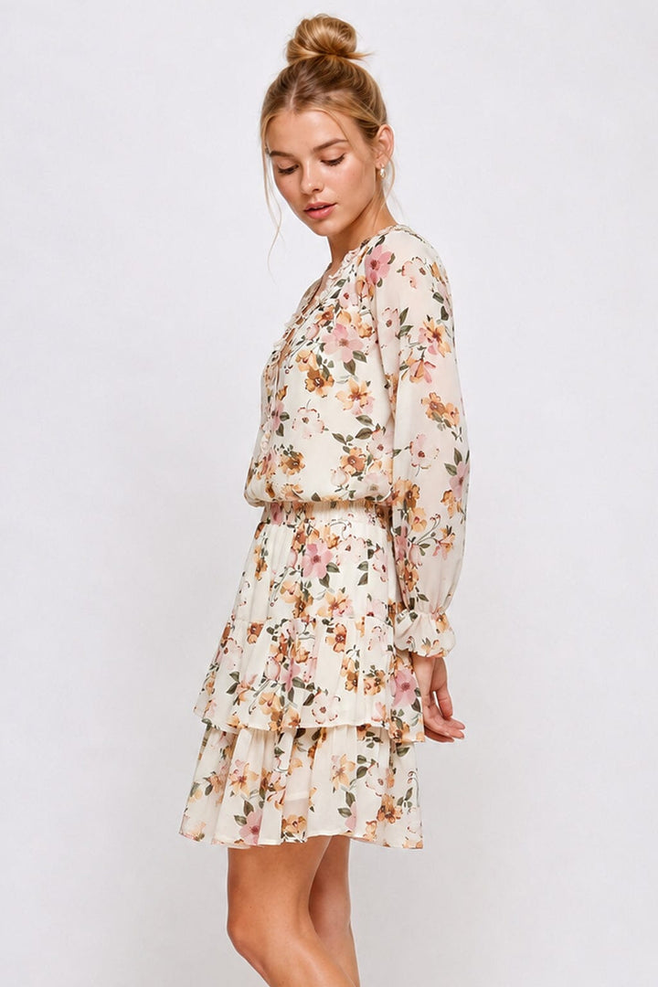 WOMEN'S LONG SLEEVE SURPLICE SMOCK WAIST TIERED FLORAL MINI DRESS