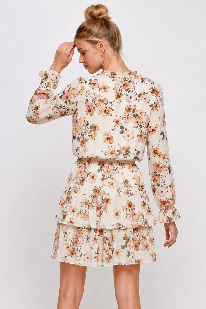 WOMEN'S LONG SLEEVE SURPLICE SMOCK WAIST TIERED FLORAL MINI DRESS