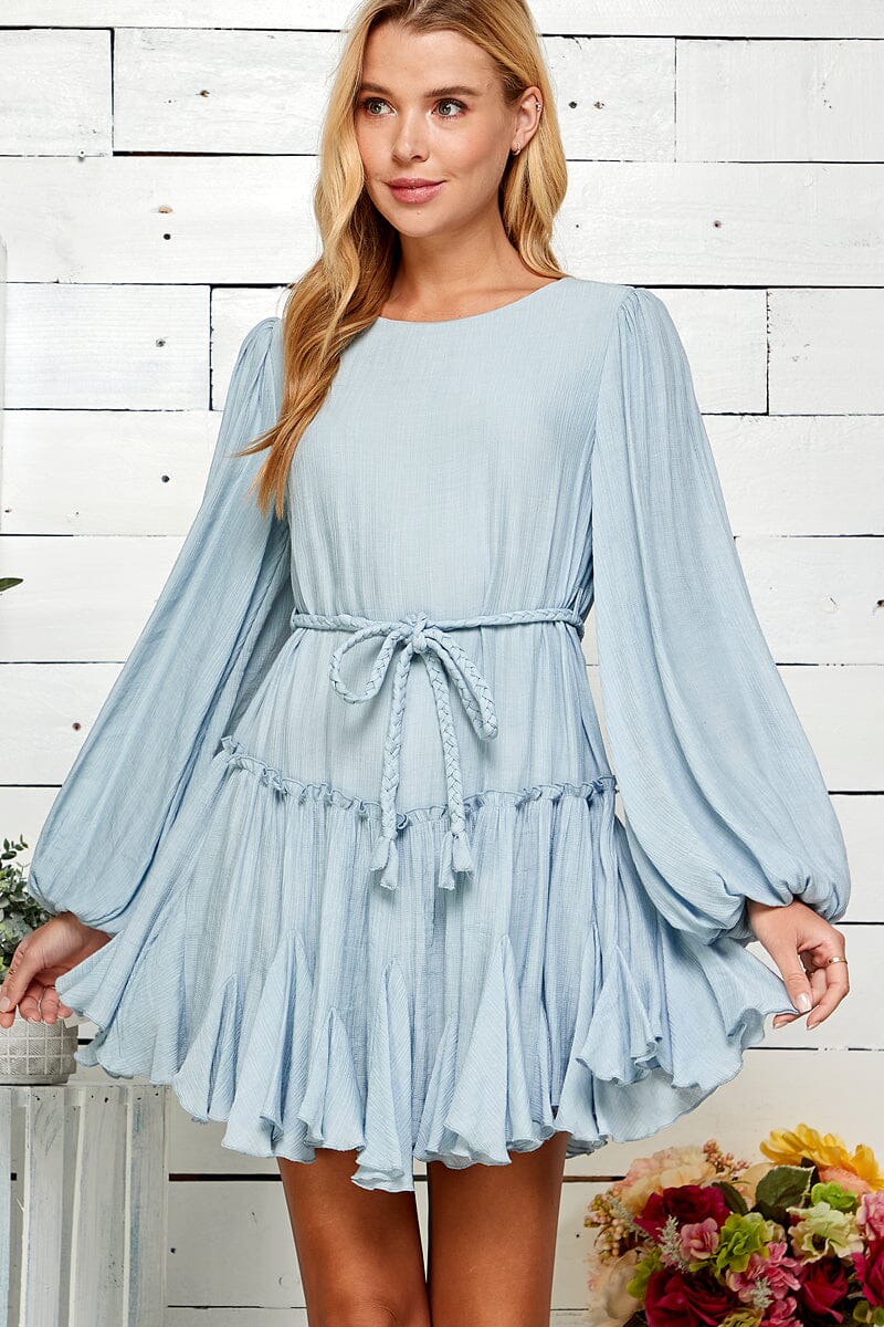 WOMEN'S LONG BALLOON SLEEVE SELF TIE TIERED MINI DRESS