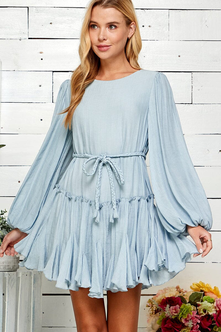 WOMEN'S LONG BALLOON SLEEVE SELF TIE TIERED MINI DRESS