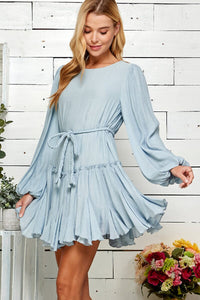 WOMEN'S LONG BALLOON SLEEVE SELF TIE TIERED MINI DRESS