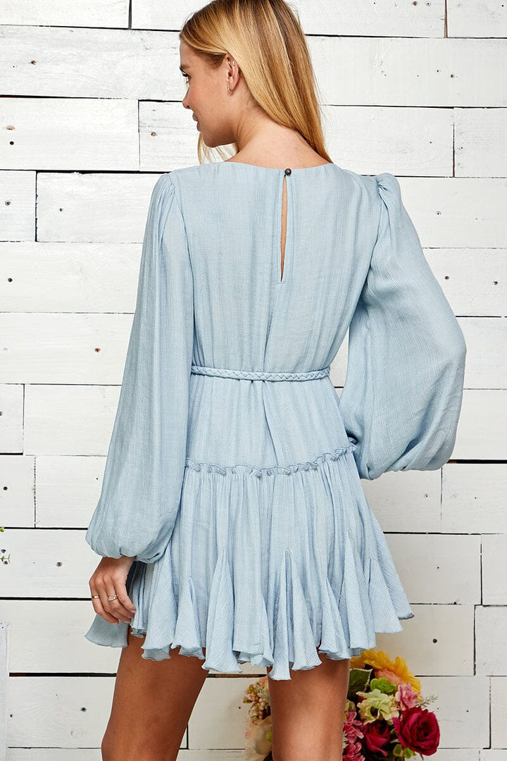 WOMEN'S LONG BALLOON SLEEVE SELF TIE TIERED MINI DRESS
