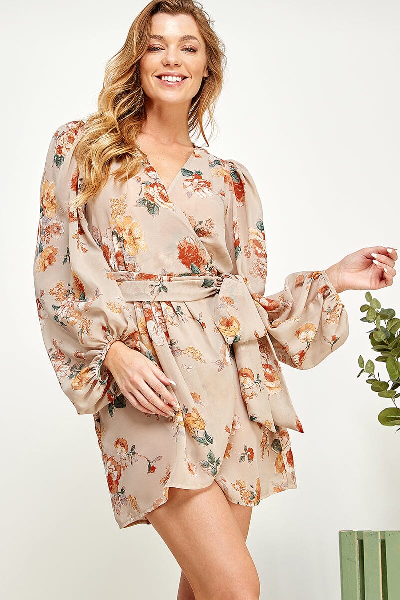 WOMEN'S LONG SLEEVE V-NECK SELF TIE WRAP FLORAL PRINT MINI DRESS
