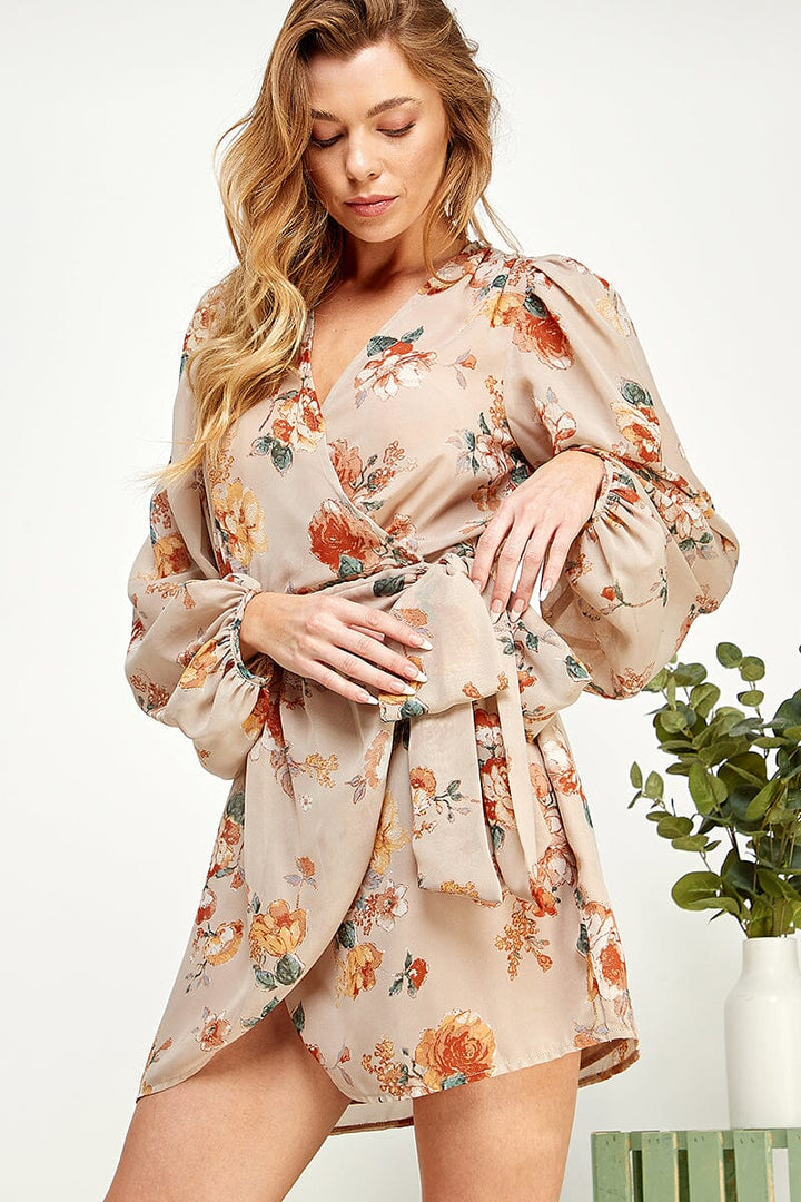 WOMEN'S LONG SLEEVE V-NECK SELF TIE WRAP FLORAL PRINT MINI DRESS