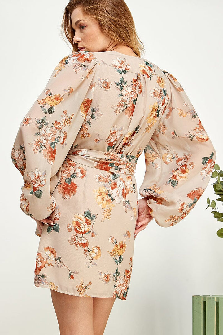 WOMEN'S LONG SLEEVE V-NECK SELF TIE WRAP FLORAL PRINT MINI DRESS