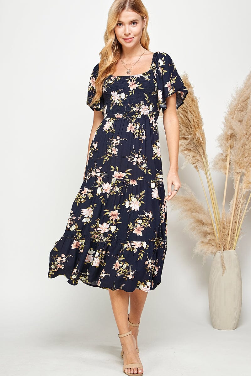 WOMEN'S SHORT SLEEVE SQUARE NECK SMOCK FLORAL PRINT MAXI DRESS