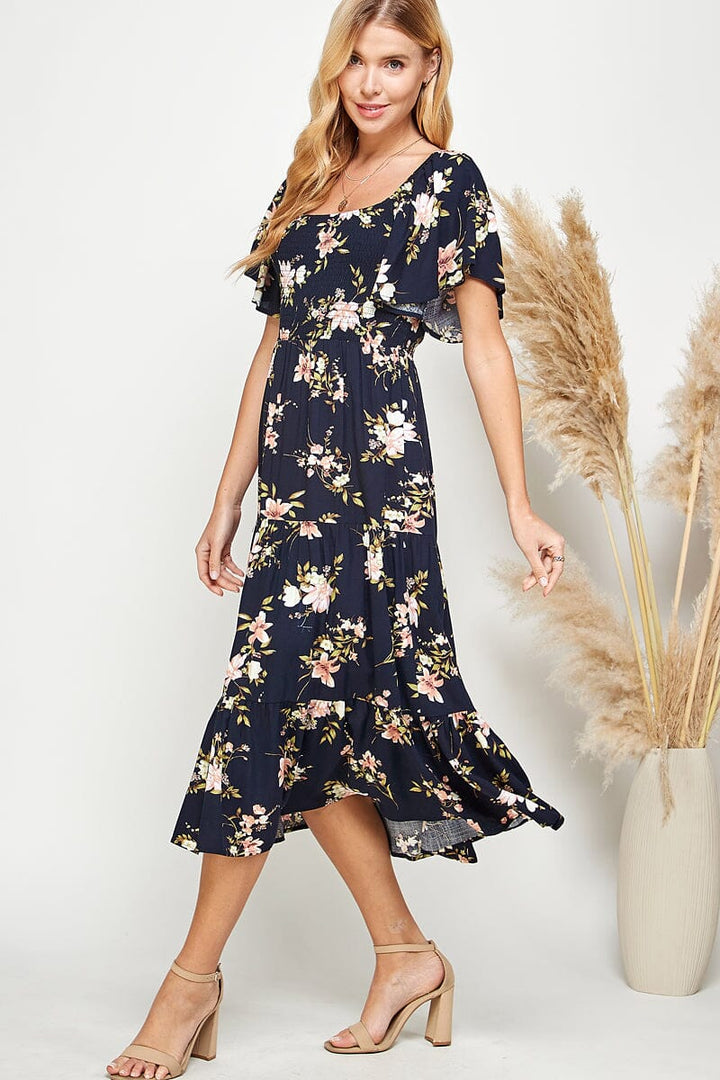 WOMEN'S SHORT SLEEVE SQUARE NECK SMOCK FLORAL PRINT MAXI DRESS