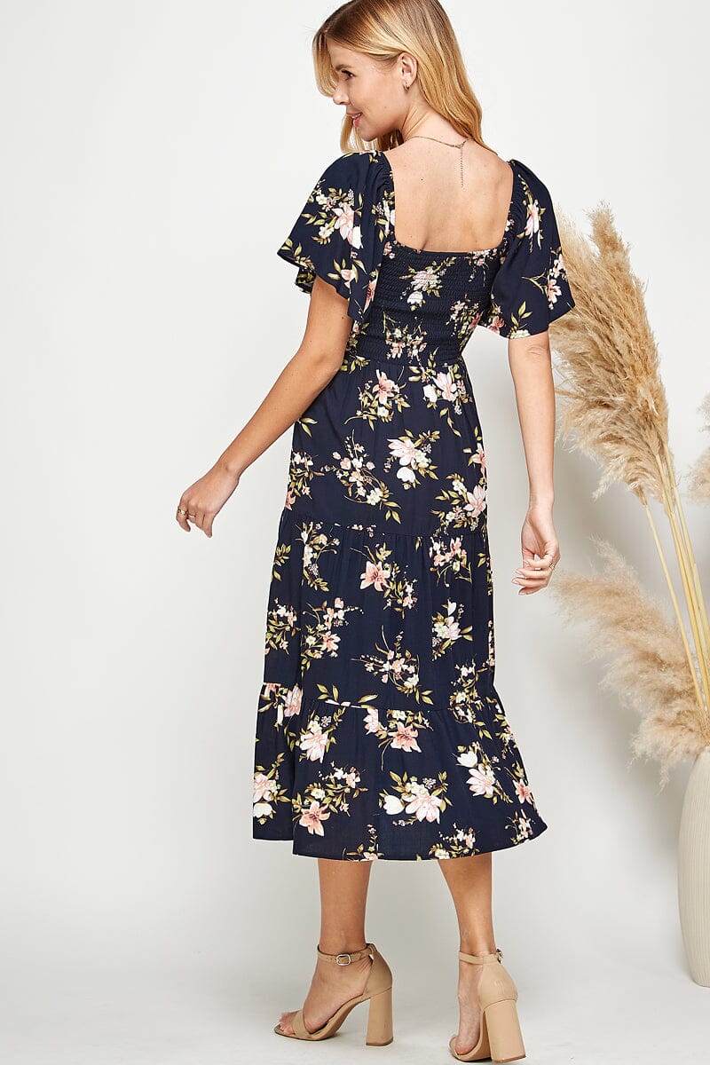 WOMEN'S SHORT SLEEVE SQUARE NECK SMOCK FLORAL PRINT MAXI DRESS