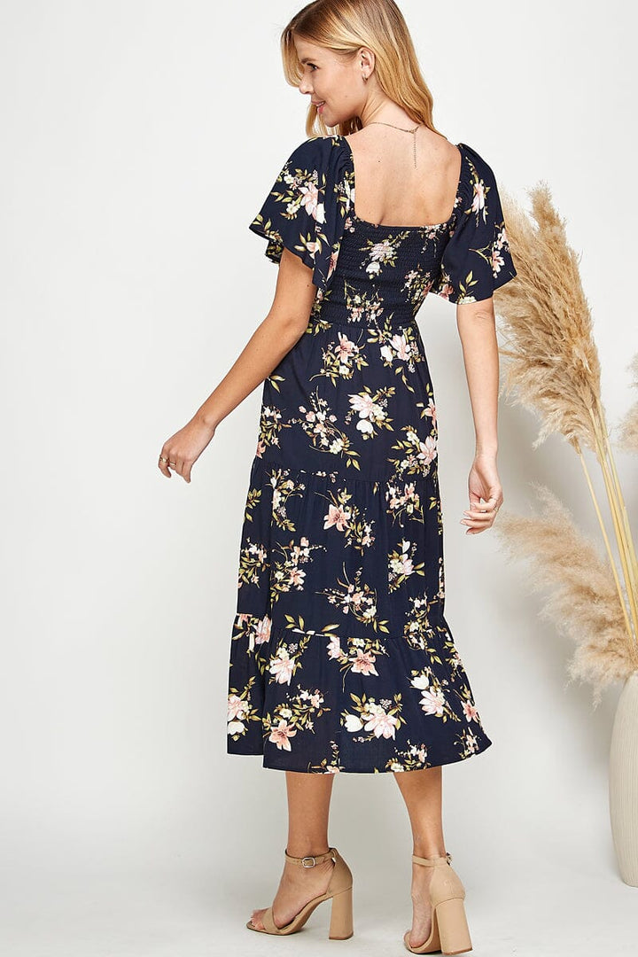 WOMEN'S SHORT SLEEVE SQUARE NECK SMOCK FLORAL PRINT MAXI DRESS