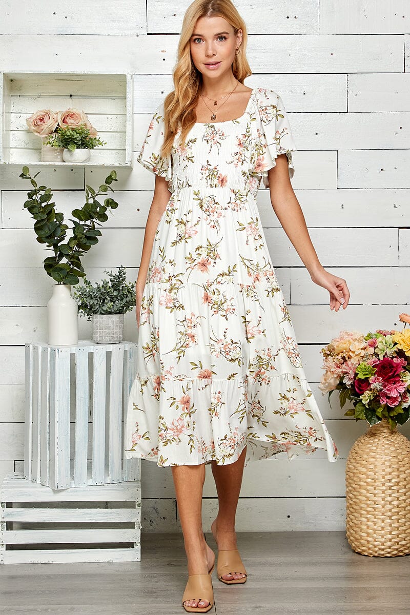 WOMEN'S SHORT SLEEVE SQUARE NECK SMOCK FLORAL PRINT MAXI DRESS