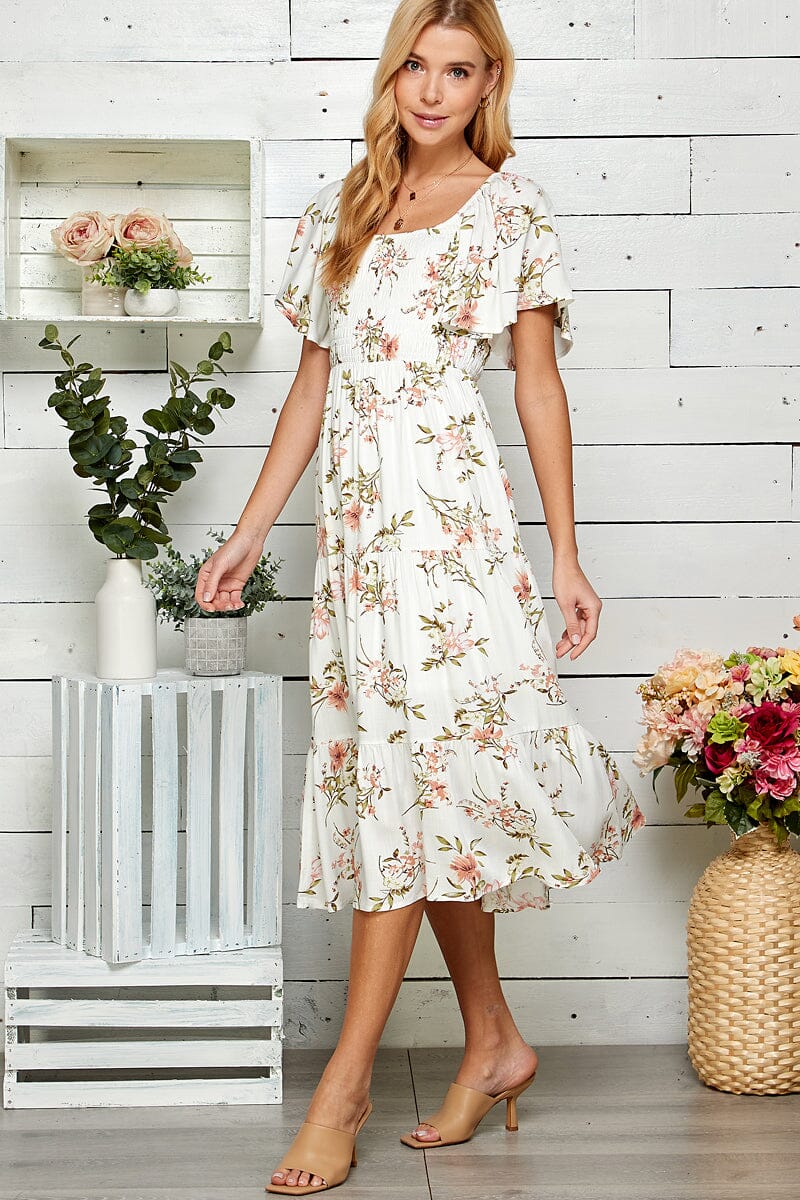WOMEN'S SHORT SLEEVE SQUARE NECK SMOCK FLORAL PRINT MAXI DRESS