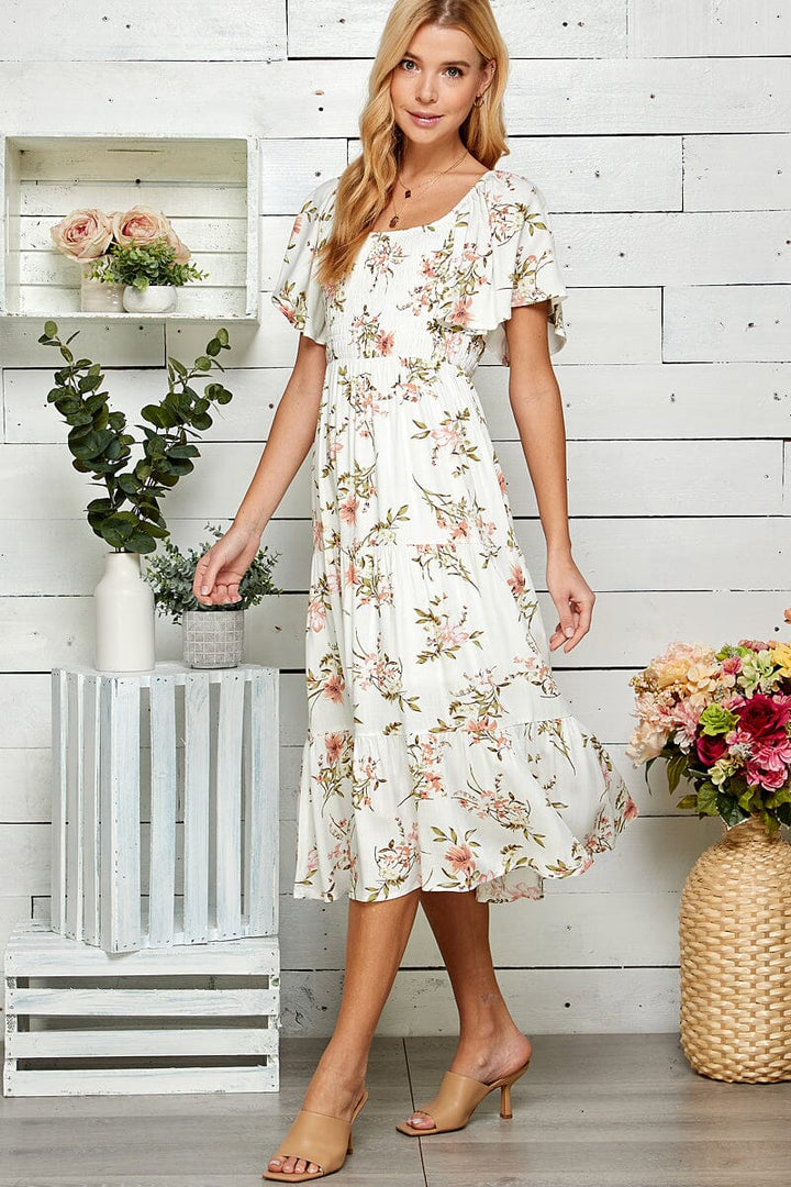 WOMEN'S SHORT SLEEVE SQUARE NECK SMOCK FLORAL PRINT MAXI DRESS