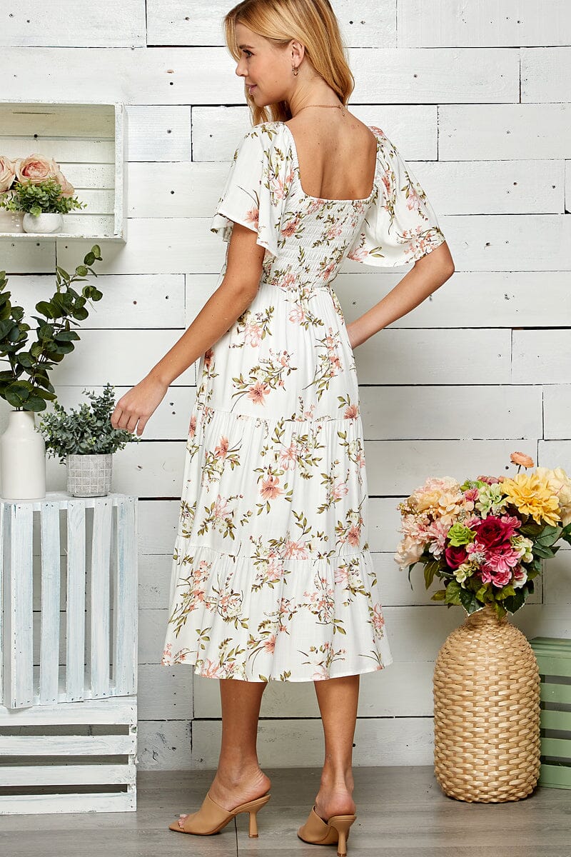 WOMEN'S SHORT SLEEVE SQUARE NECK SMOCK FLORAL PRINT MAXI DRESS