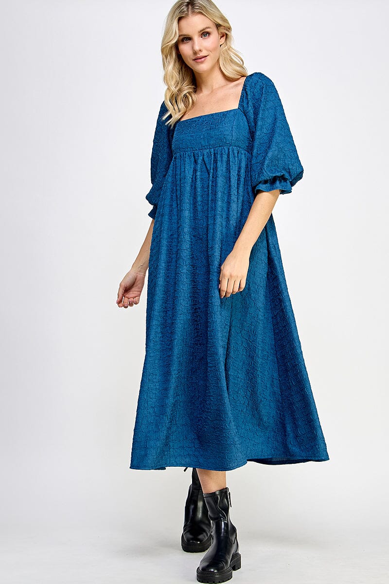 WOMEN'S SHORT PUFF SLEEVE SQUARE NECK FRONT POCKETS MAXI DRESS