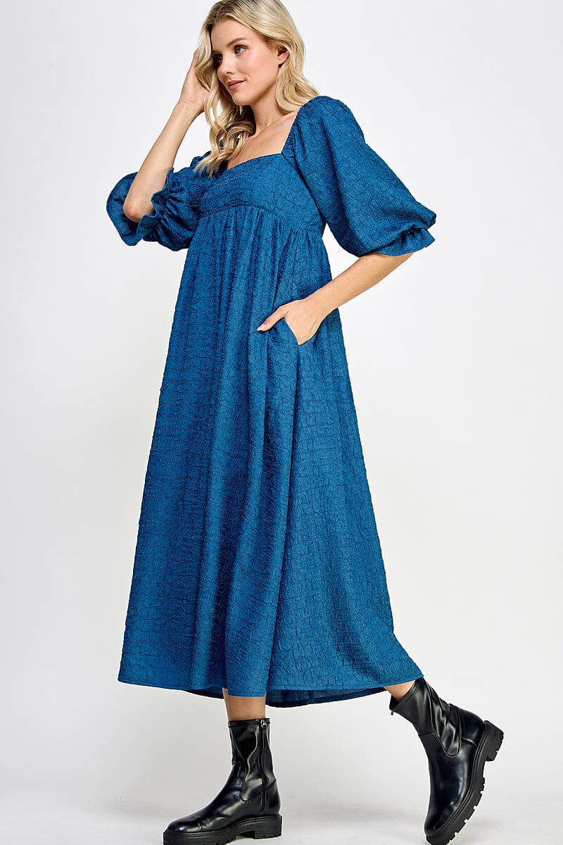 WOMEN'S SHORT PUFF SLEEVE SQUARE NECK FRONT POCKETS MAXI DRESS