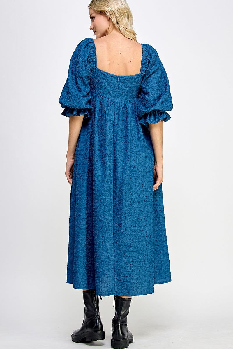 WOMEN'S SHORT PUFF SLEEVE SQUARE NECK FRONT POCKETS MAXI DRESS
