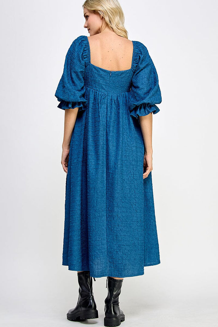 WOMEN'S SHORT PUFF SLEEVE SQUARE NECK FRONT POCKETS MAXI DRESS