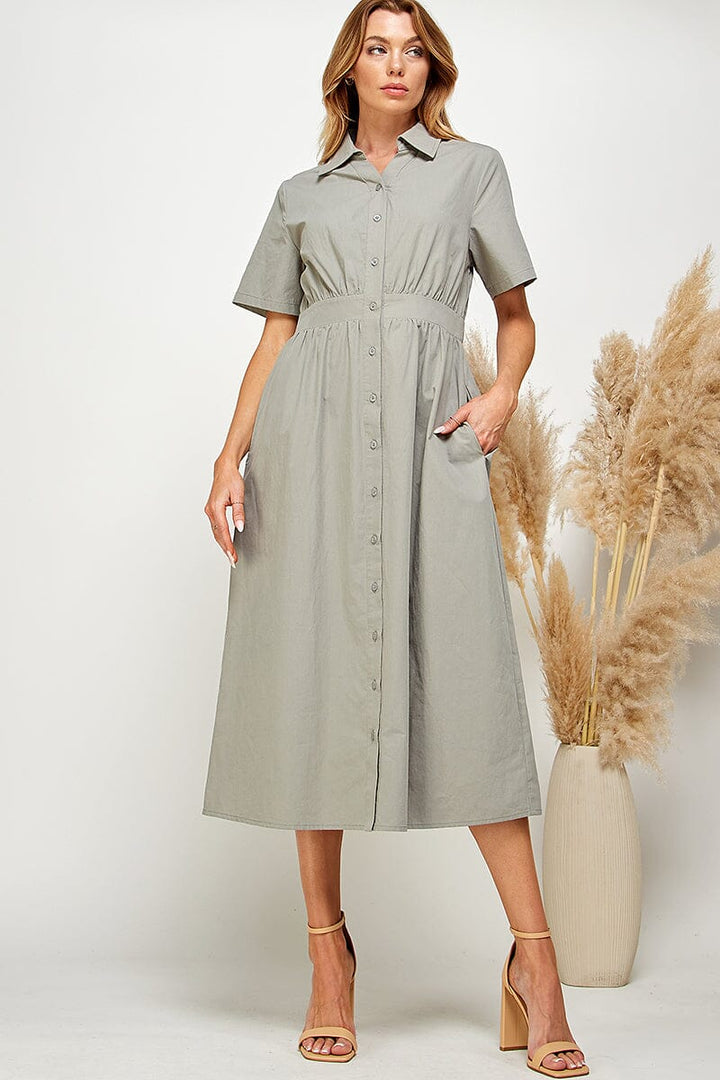 WOMEN'S SHORT SLEEVE BUTTON UP FRONT POCKETS MIDI DRESS