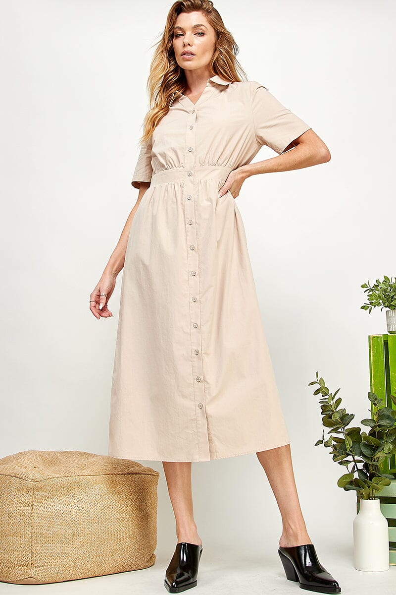 WOMEN'S SHORT SLEEVE BUTTON UP FRONT POCKETS MIDI DRESS