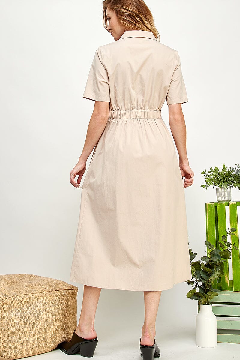 WOMEN'S SHORT SLEEVE BUTTON UP FRONT POCKETS MIDI DRESS