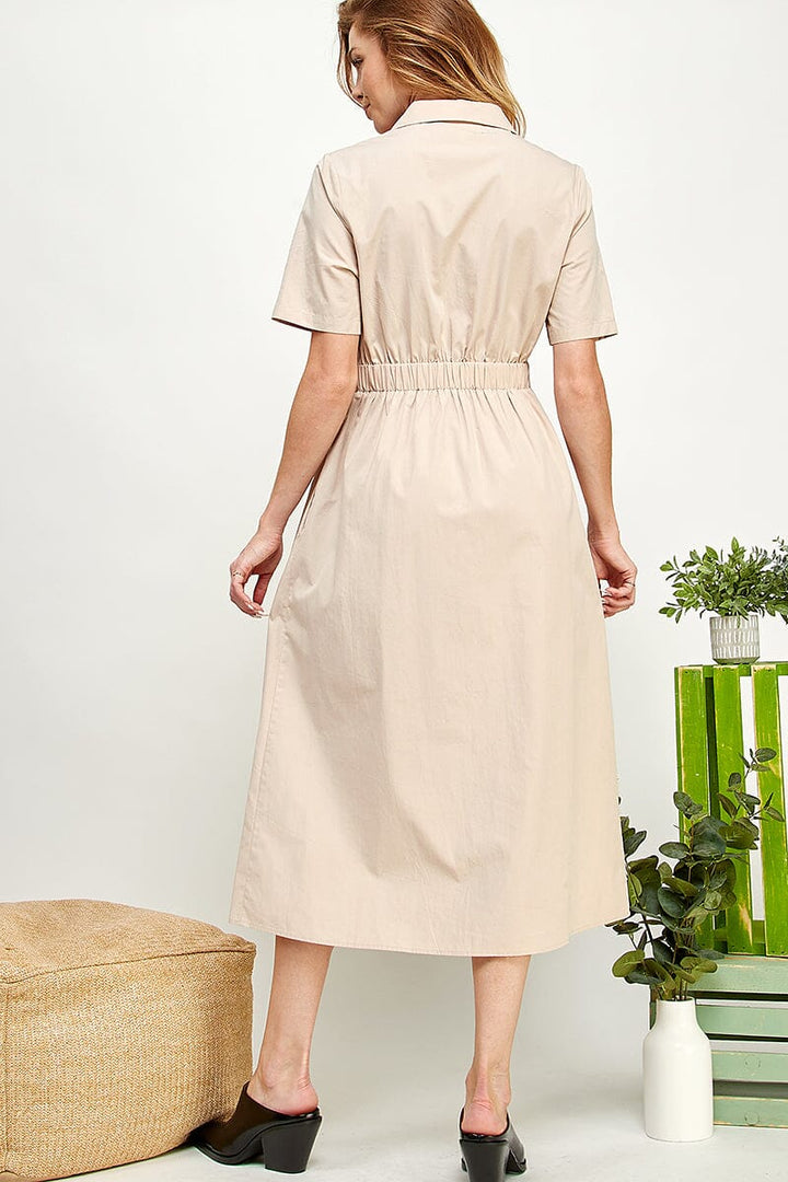 WOMEN'S SHORT SLEEVE BUTTON UP FRONT POCKETS MIDI DRESS