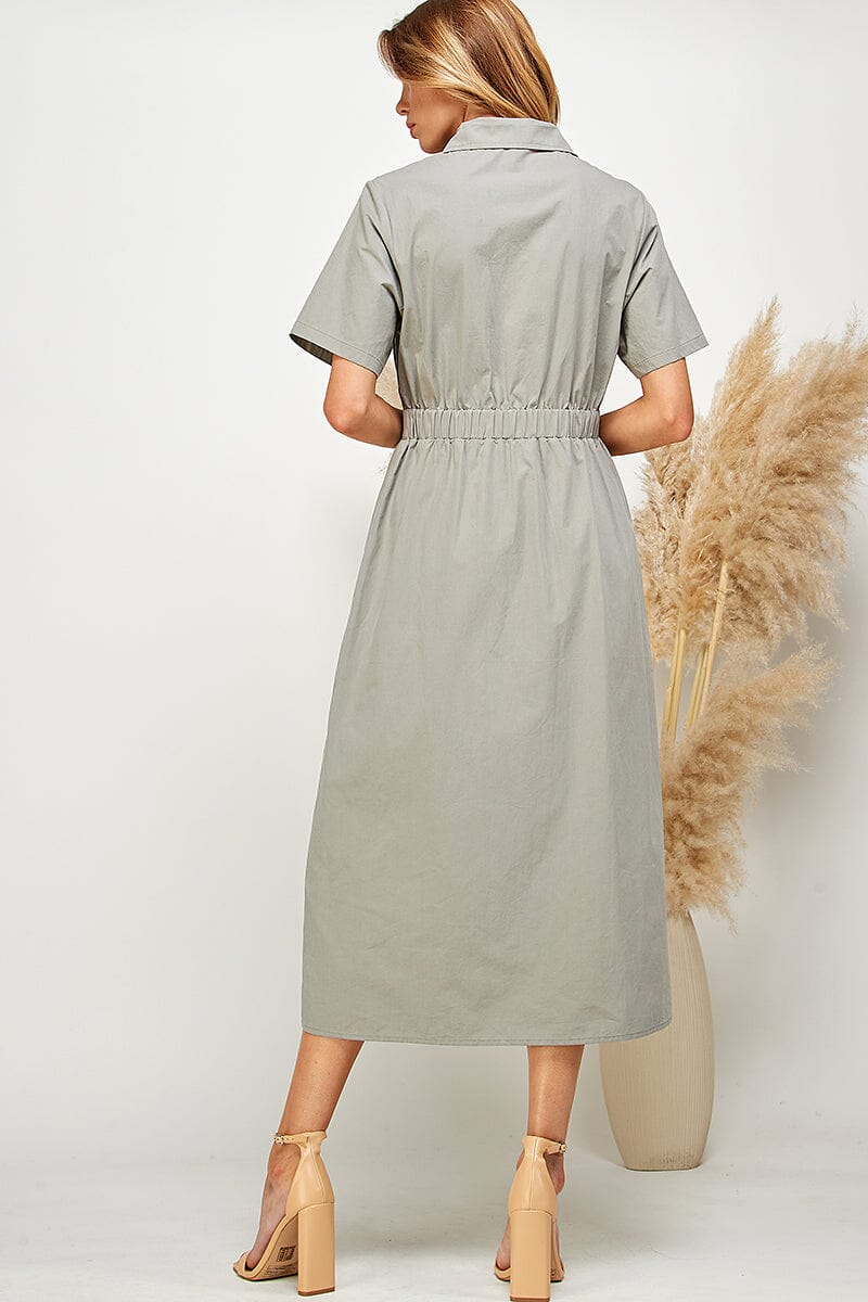 WOMEN'S SHORT SLEEVE BUTTON UP FRONT POCKETS MIDI DRESS