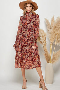 WOMEN'S LONG SLEEVE MOCK NECK FLORAL MIDI DRESS