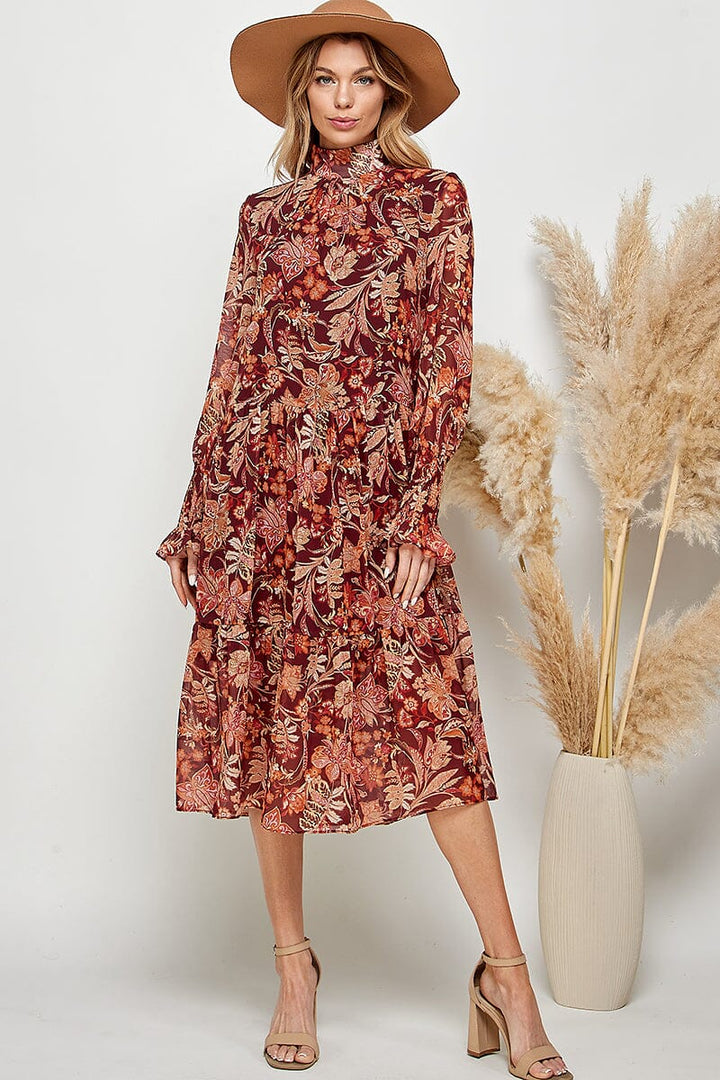 WOMEN'S LONG SLEEVE MOCK NECK FLORAL MIDI DRESS