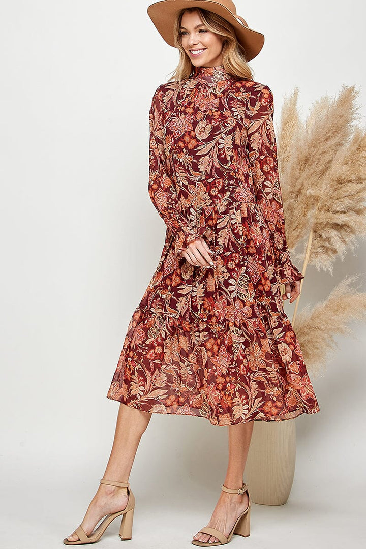 WOMEN'S LONG SLEEVE MOCK NECK FLORAL MIDI DRESS