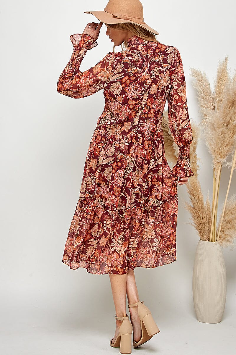 WOMEN'S LONG SLEEVE MOCK NECK FLORAL MIDI DRESS