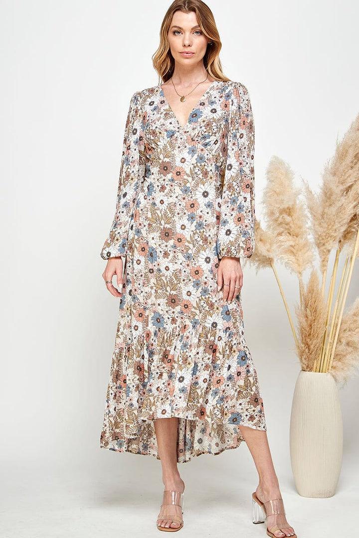 WOMEN'S LONG SLEEVE V-NECK SELF TIE HIGH-LOW FLORAL PRINT MAXI DRESS