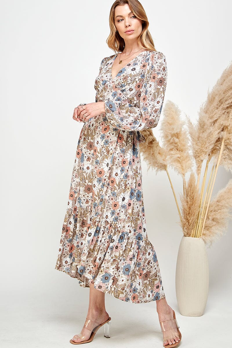 WOMEN'S LONG SLEEVE V-NECK SELF TIE HIGH-LOW FLORAL PRINT MAXI DRESS