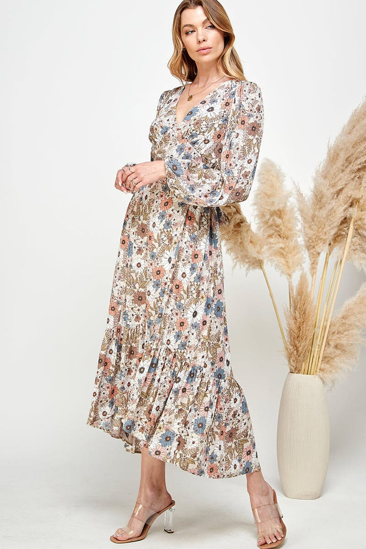 WOMEN'S LONG SLEEVE V-NECK SELF TIE HIGH-LOW FLORAL PRINT MAXI DRESS